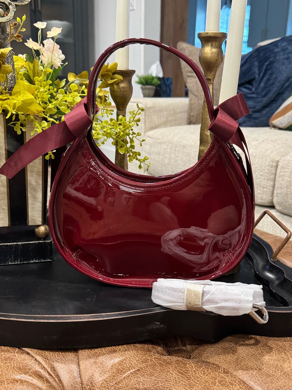 Amazon Women's Patent Crescent Shoulder Bag in Deep Red